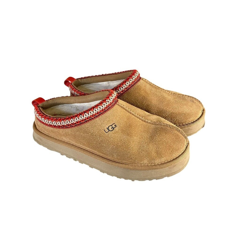 UGG Tazz ll Chestnut Suede Mule Slippers Sheepskin Lined Bradied Detail Size 6